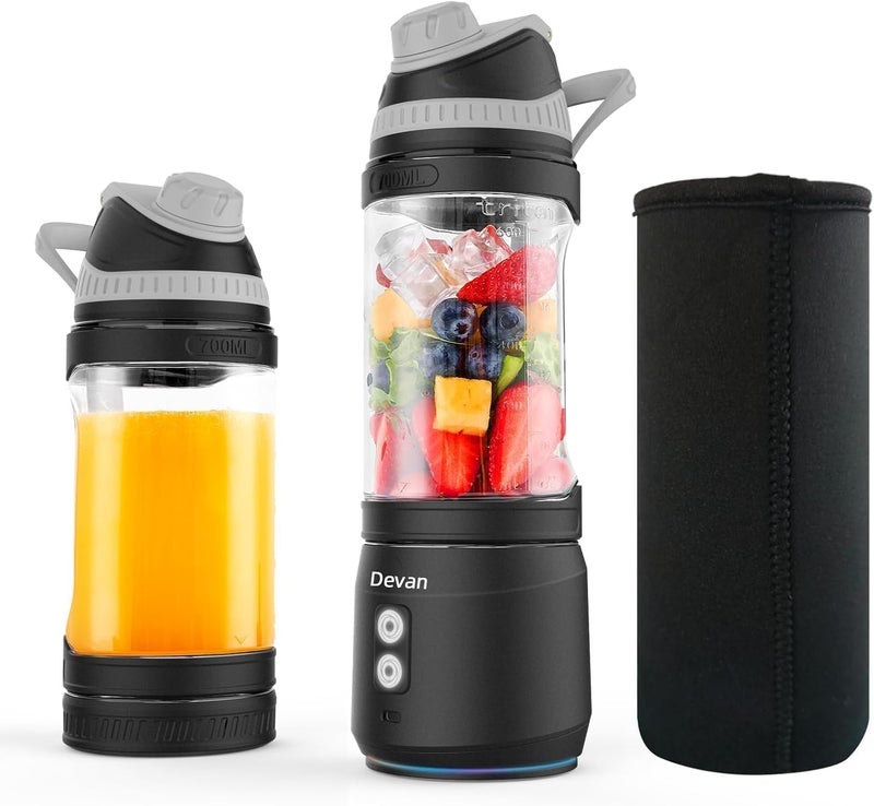 Devan Portable Blender, Anti-Jamming 300 Watt for Shakes and Smoothies, 24oz Travel Blender USB Rechargeable, BPA Free Sporty bottle with a Travel Lid. (Black Base Grey Lid) (Black with Insulated Sleeve) - Image 1